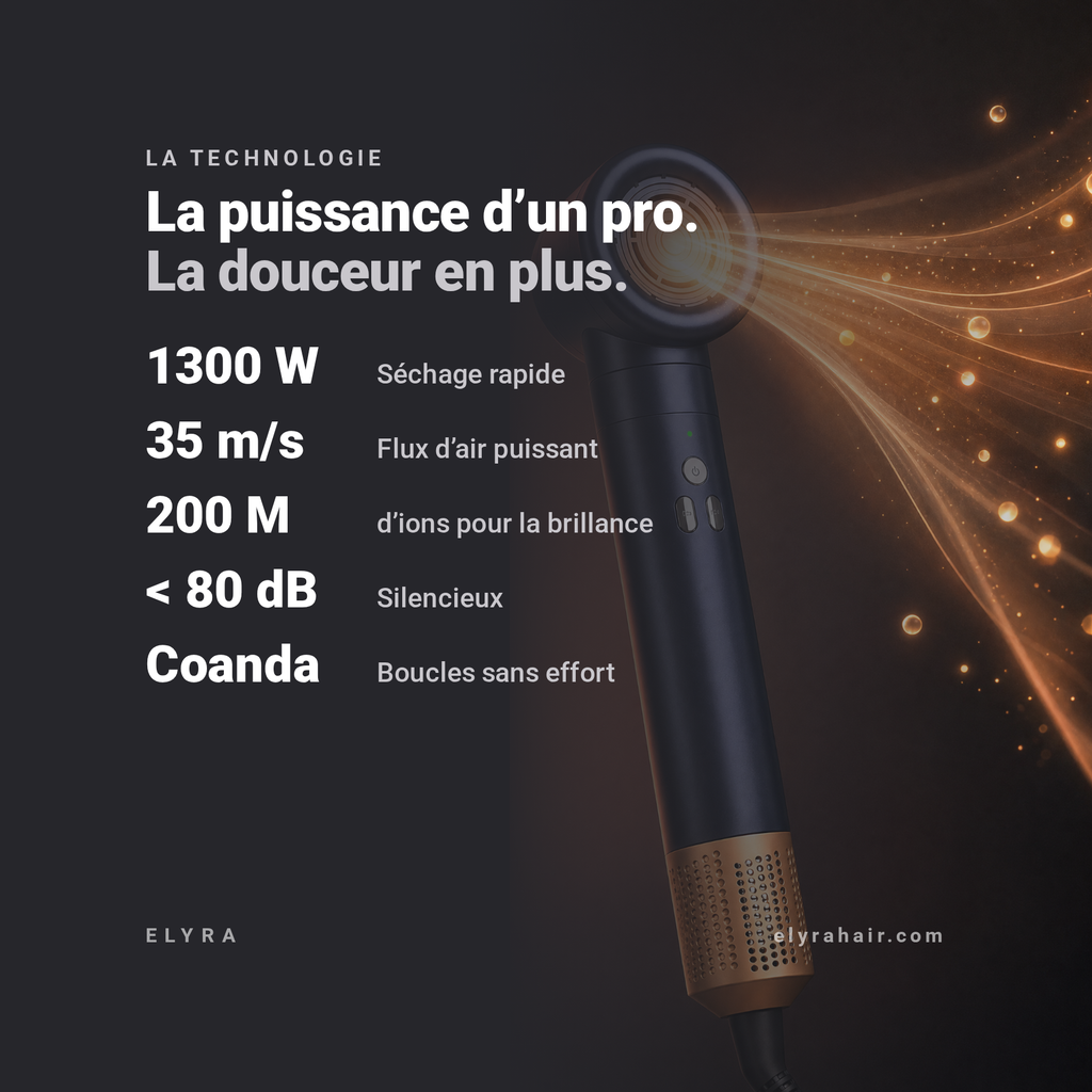 ELYRA Hairdryer Pro : la technologie, 1300 W, 200 M d'ions, moins de 80 dB